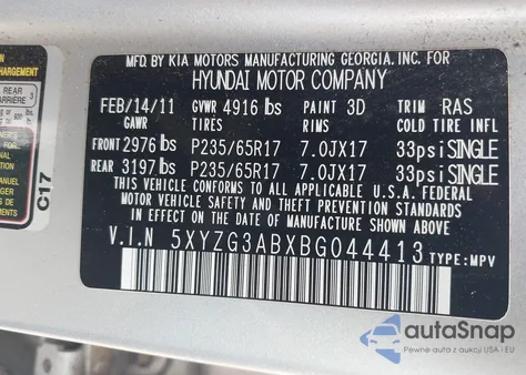 2011 Hyundai Santa Fe Gls из США, поврежденный, VIN 5XYZG3ABXBG044413